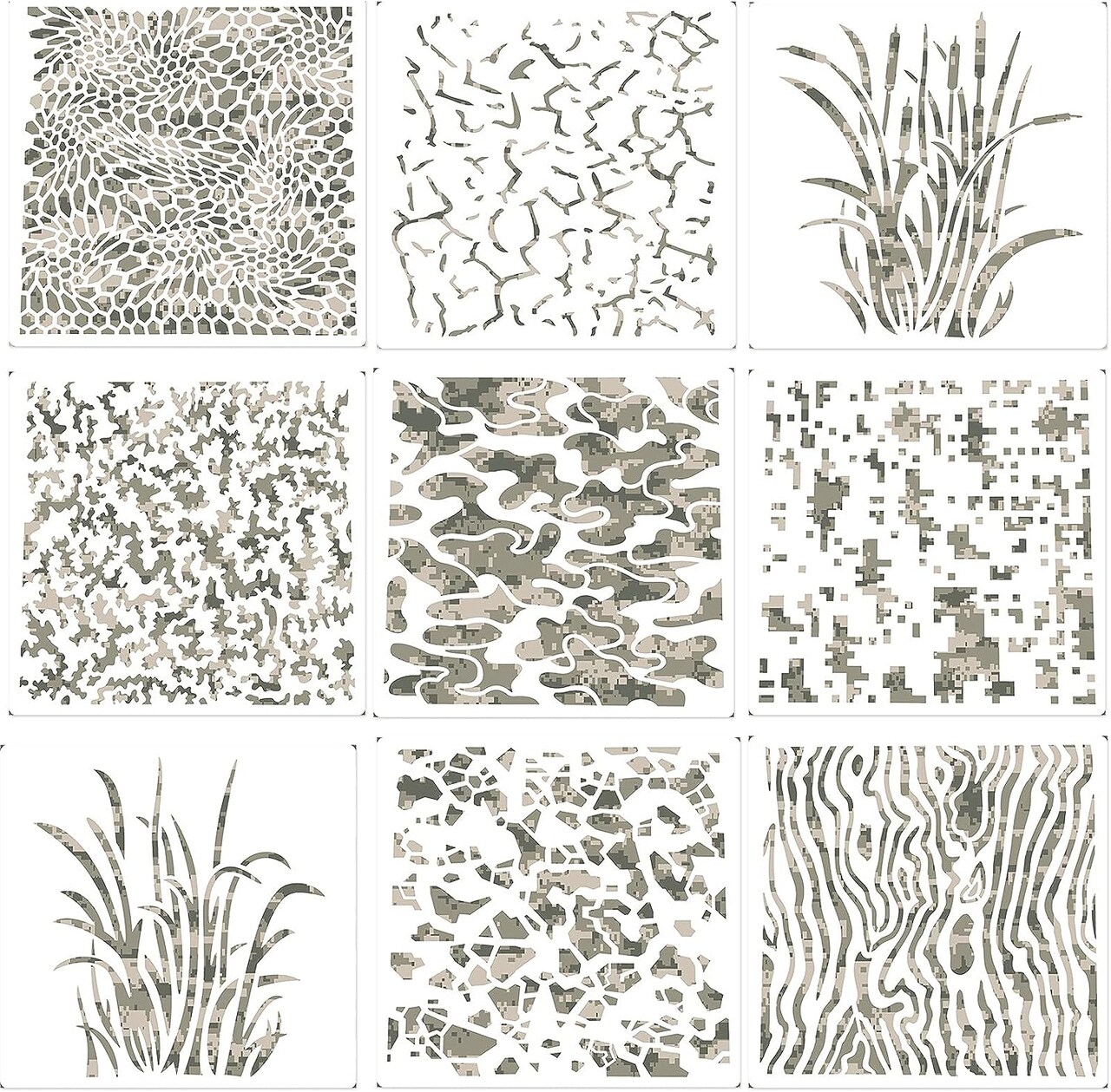 9 Pieces Camo Print Stencils Camouflage Painting Templates Reusable Grass Pattern Stencils Green Camo DIY Stencils for Scrapbooking Painting on Wood Crafts (6 x 6 Inch)
